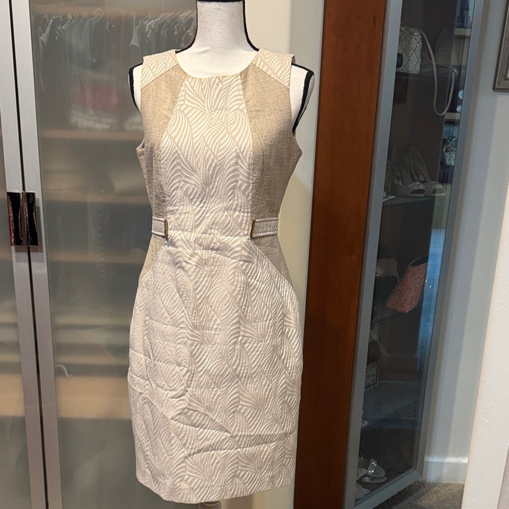 Calvin Klein Cream and Tan Textured Sheath Dress